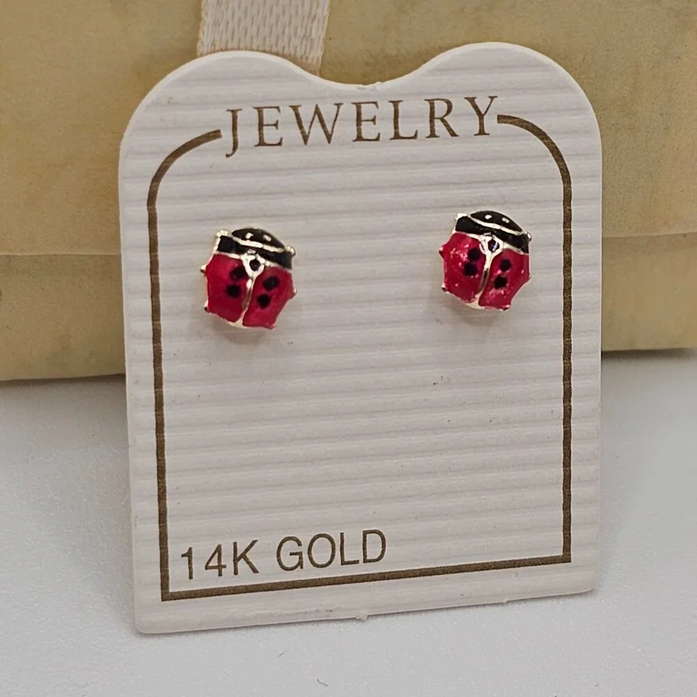 14KT Gold Ladybug Enamel Stud Screw Back Earrings 6mm